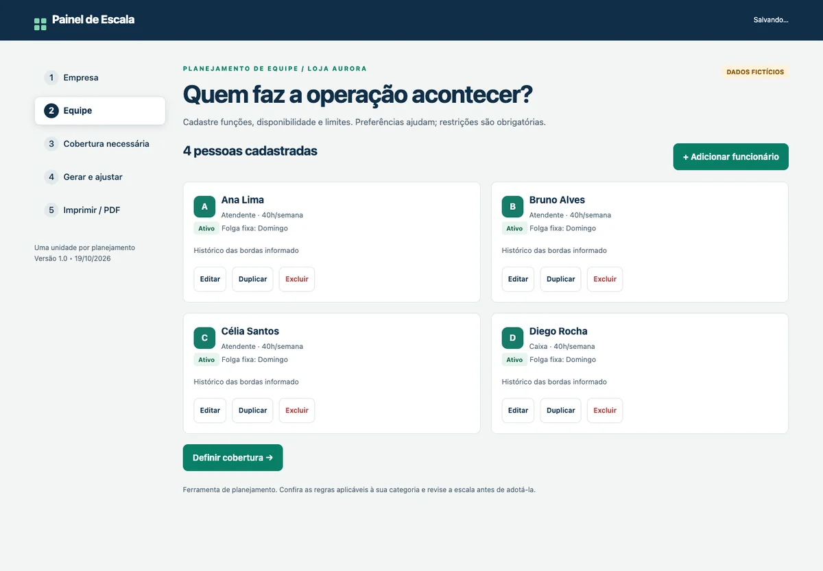 Cadastro real da equipe fictícia